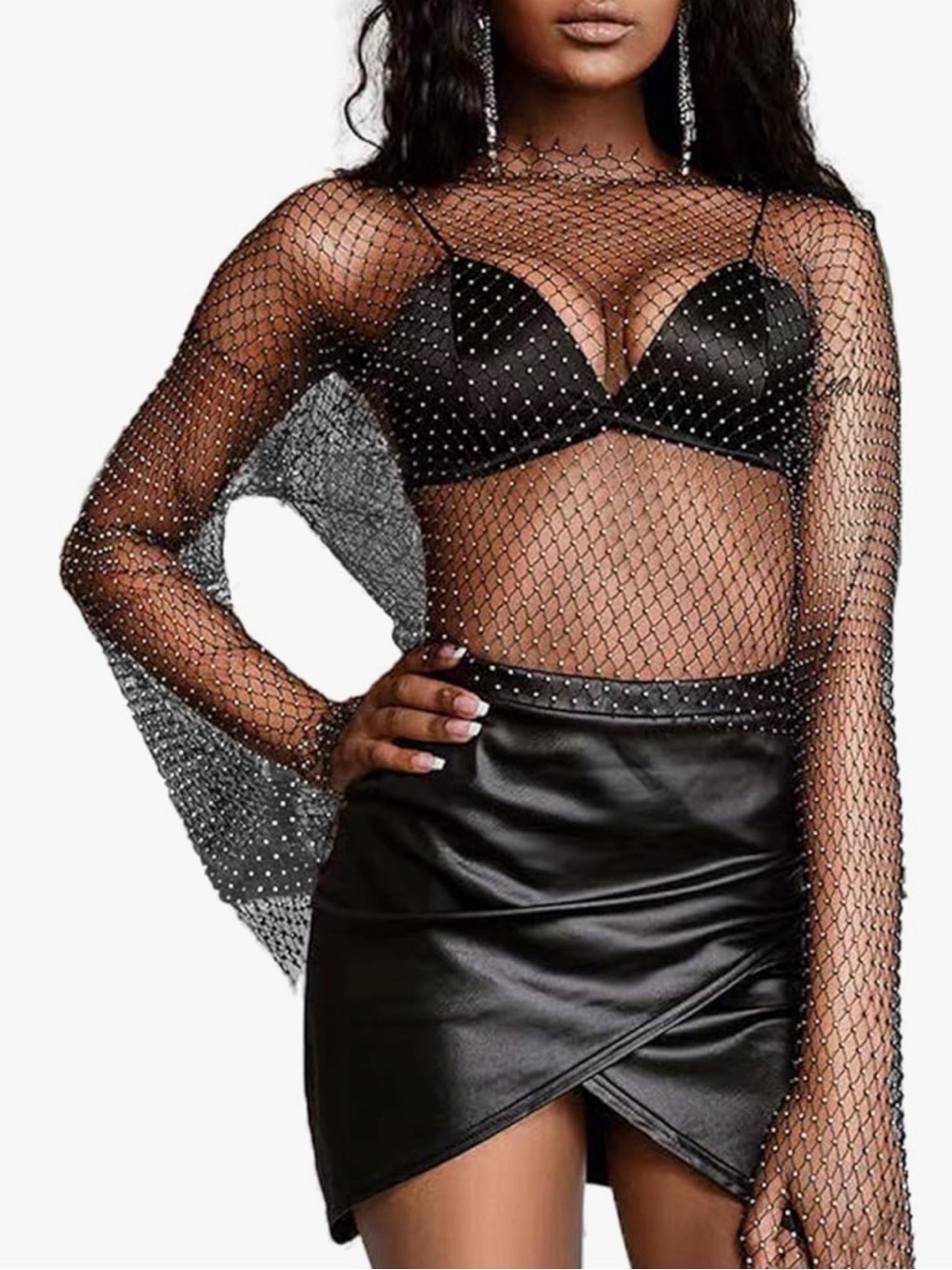 Elleven ELLEVEN Rhinestone Crystal Crop Top, Long Sleeve Mesh Body Chains OS